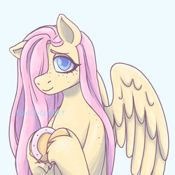 Size: 2048x2048 | Tagged: safe, artist:bluecocoaart, imported from derpibooru, fluttershy, pegasus, pony, bust, colored pupils, eye contact, freckles, g4, hair over one eye, horseshoes, long hair, long mane, looking at each other, looking at someone, one ear down, one eye covered, portrait, shy, simple background, sketch, smiling, solo, white background, wings