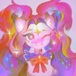 Size: 2048x2048 | Tagged: safe, artist:dearmary, imported from derpibooru, oc, oc only, earth pony, pony, bowtie, cape, clothes, colorful, gem, multicolored hair, one eye closed, pigtails, simple background, smiling, solo, sparkles, twintails, wink
