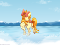 Size: 4000x3000 | Tagged: safe, artist:fluffywhirlpool, artist:silverfir, imported from derpibooru, oc, oc only, oc:deliambre, pegasus, pony, beautiful, bow, butt, collaboration, commission, eyes closed, female, hair bow, looking back, mare, mountain, partially submerged, pegasus oc, plot, smiling, solo, standing in water, tail, tail bow, water, wings, ych result