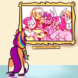 Size: 611x611 | Tagged: safe, artist:melodymelanchol, imported from derpibooru, applejack, fluttershy, pinkie pie, rainbow dash, rarity, sunny starscout, twilight sparkle, alicorn, earth pony, pegasus, pony, unicorn, ancient equestria, bittersweet, female, frame, g4, g5, looking at something, mane six, mare, painting, rear view, sad, twilight sparkle (alicorn)