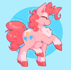 Size: 2048x2008 | Tagged: safe, artist:swirlseypop, imported from derpibooru, pinkie pie, earth pony, pony, blue background, chest fluff, circle background, ear fluff, eyes closed, female, mare, profile, raised hoof, raised leg, simple background, solo, unshorn fetlocks