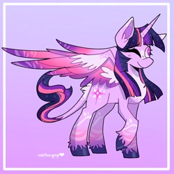 Size: 2048x2048 | Tagged: safe, artist:swirlseypop, imported from derpibooru, twilight sparkle, alicorn, pony, female, gradient background, horn, leonine tail, mare, one eye closed, purple background, raised hoof, simple background, solo, tail, twilight sparkle (alicorn), wings, wink