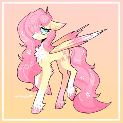 Size: 2048x2048 | Tagged: safe, artist:swirlseypop, imported from derpibooru, fluttershy, pegasus, pony, blaze (coat marking), chest fluff, coat markings, colored eartips, colored hooves, colored wings, elbow fluff, facial markings, female, floppy ears, flower, flower in hair, flower in tail, gradient background, hair over one eye, high res, looking at you, mare, no pupils, partially open wings, pink background, raised hoof, raised leg, socks (coat markings), solo, tail, unshorn fetlocks, wings