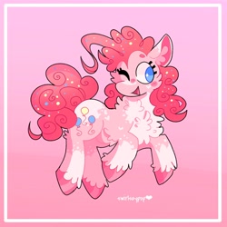 Size: 2048x2048 | Tagged: safe, artist:swirlseypop, imported from derpibooru, pinkie pie, earth pony, pony, chest fluff, ear fluff, female, mare, one eye closed, open mouth, pink background, simple background, solo, wink