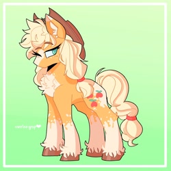 Size: 2048x2048 | Tagged: safe, artist:swirlseypop, imported from derpibooru, applejack, earth pony, pony, applejack's hat, chest fluff, cowboy hat, female, gradient background, green background, hat, mare, one eye closed, simple background, solo, wink