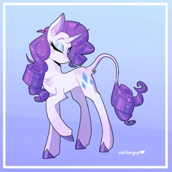 Size: 1334x1334 | Tagged: safe, artist:swirlseypop, imported from derpibooru, rarity, pony, unicorn, blue background, chest fluff, female, gradient background, horn, leonine tail, mare, one eye closed, purple background, raised hoof, simple background, solo, tail, wink