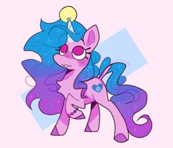 Size: 2048x1750 | Tagged: safe, artist:swirlseypop, imported from derpibooru, izzy moonbow, pony, unicorn, backwards cutie mark, ball, bracelet, chest fluff, female, g5, horn, hornball, izzy's tennis ball, jewelry, looking up, mare, no pupils, pink background, raised hoof, simple background, solo, tennis ball