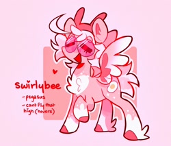 Size: 2048x1746 | Tagged: safe, artist:swirlseypop, imported from derpibooru, oc, oc only, oc:swirlybee, pegasus, pony, chest fluff, eyes closed, glasses, heart, open mouth, pegasus oc, pink background, raised hoof, simple background, solo, spread wings, wings