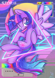 Size: 2480x3508 | Tagged: safe, artist:wavecipher, imported from derpibooru, twilight sparkle, alicorn, pony, 2021, distortion, female, heart, heart eyes, high res, horn, mare, old art, open mouth, retrowave, solo, spread wings, synthwave, triangle, twilight sparkle (alicorn), vaporwave, wingding eyes, wings