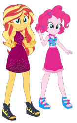 Size: 2500x3995 | Tagged: safe, artist:gmaplay, imported from derpibooru, pinkie pie, sunset shimmer, human, equestria girls, equestria girls series, i'm on a yacht, spring breakdown, spoiler:eqg series (season 2), alternate hairstyle, bare shoulders, duo, duo female, eyebrows, feet, female, grin, high res, open-toed shoes, sandals, simple background, sleeveless, smiling, toes, transparent background, waving