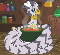 Size: 2176x1997 | Tagged: safe, artist:badumsquish, derpibooru exclusive, imported from derpibooru, zecora, lamia, original species, zebra, bottle, bubbling, cauldron, coils, ear piercing, earring, female, jewelry, lamiafied, lidded eyes, looking at you, mare, mask, neck rings, piercing, show accurate, smiling, species swap, steam, zecora's hut