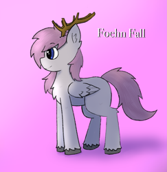 Size: 2117x2177 | Tagged: safe, artist:nagi, imported from derpibooru, oc, oc only, oc:foehn fall, deer, hybrid, pegasus, pony, reindeer, antlers, blue eyes, eye clipping through hair, eyebrows, eyebrows visible through hair, folded wings, gradient background, high res, male, shadow, smiling, solo, stallion, wings