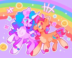 Size: 2048x1660 | Tagged: safe, artist:swirlseypop, imported from derpibooru, izzy moonbow, sunny starscout, earth pony, pony, unicorn, bracelet, chest fluff, duo, duo female, female, flower, g5, horn, izzyscout, jewelry, lesbian, looking at each other, looking at someone, mare, no pupils, one eye closed, open mouth, rainbow, shipping, smiley face, sparkles, tongue out, wink