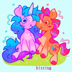 Size: 1024x1024 | Tagged: safe, artist:swirlseypop, imported from derpibooru, izzy moonbow, sunny starscout, earth pony, pony, unicorn, blue background, boop, chest fluff, duo, duo female, female, g5, grass, horn, kissing, mare, noseboop, simple background, sitting