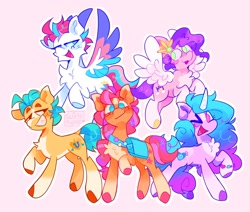 Size: 2048x1740 | Tagged: safe, artist:swirlseypop, imported from derpibooru, hitch trailblazer, izzy moonbow, pipp petals, sunny starscout, zipp storm, earth pony, pegasus, pony, unicorn, bag, bracelet, chest fluff, female, flying, g5, grin, horn, jewelry, looking at you, male, mane five (g5), mare, no pupils, one eye closed, open mouth, open smile, outline, pink background, raised hoof, saddle bag, simple background, smiling, smiling at you, spread wings, stallion, wings, wink