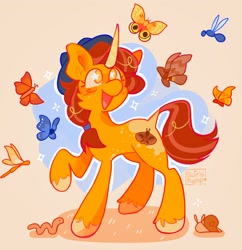 Size: 1982x2048 | Tagged: safe, artist:swirlseypop, imported from derpibooru, oc, oc only, butterfly, pony, snail, unicorn, worm, grass, hat, horn, open mouth, open smile, raised hoof, shadow, simple background, smiling, solo, sparkles, starry eyes, stars, tan background, wingding eyes