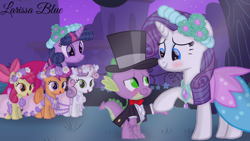 Size: 1280x720 | Tagged: safe, artist:mlplary6, imported from derpibooru, apple bloom, rarity, scootaloo, spike, sweetie belle, twilight sparkle, dragon, earth pony, pegasus, pony, unicorn, a canterlot wedding, blushing, bridesmaid, clothes, cutie mark crusaders, dress, female, filly, flower filly, flower girl, flower girl dress, foal, hat, looking at each other, looking at someone, male, mare, shipper on deck, shipping, smiling, smiling at each other, sparity, straight, suit, top hat, tuxedo, unicorn twilight