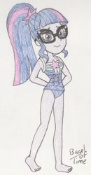 Size: 728x1400 | Tagged: safe, artist:bageloftime, imported from derpibooru, sci-twi, twilight sparkle, human, equestria girls, equestria girls series, forgotten friendship, barefoot, clothes, feet, female, one-piece swimsuit, sci-twi swimsuit, solo, swimsuit, traditional art