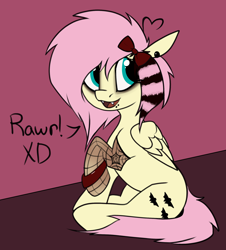 Size: 1800x1992 | Tagged: safe, artist:luxsimx, imported from derpibooru, fluttershy, pegasus, pony, alternate cutie mark, alternate hairstyle, bow, bracelet, coontails, ear piercing, earring, emo, fangs, hair bow, jewelry, lip piercing, open mouth, piercing, raised tail, rawr, scene, sitting, solo, tail, xd