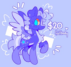 Size: 2048x1934 | Tagged: safe, artist:swirlseypop, imported from derpibooru, oc, oc only, pegasus, pony, blue background, chest fluff, emanata, female, heart, looking at you, mare, no pupils, profile, raised hoof, simple background, solo, spread wings, wings