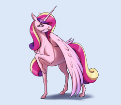 Size: 3416x2961 | Tagged: safe, artist:aquaticvibes, imported from derpibooru, princess cadance, alicorn, pony, eyebrows, feather, female, grooming, high res, hoers, large wings, light blue background, mare, mouth hold, preening, raised hoof, raised leg, realistic horse legs, shadow, simple background, smiling, solo, wings