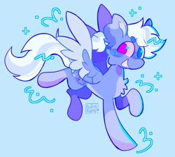 Size: 2048x1844 | Tagged: safe, artist:swirlseypop, imported from derpibooru, oc, oc only, pegasus, pony, blue background, chest fluff, heterochromia, looking at you, no pupils, pegasus oc, simple background, smiling, smiling at you, solo, spread wings, wings