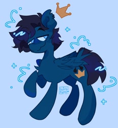 Size: 1902x2048 | Tagged: safe, artist:swirlseypop, imported from derpibooru, oc, oc only, pegasus, pony, blue background, commission, ear piercing, earring, folded wings, jewelry, no pupils, pegasus oc, piercing, raised hoof, simple background, solo, wings