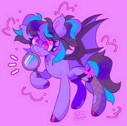 Size: 2048x2034 | Tagged: safe, artist:swirlseypop, imported from derpibooru, oc, oc only, bat pony, pony, bat pony oc, bat wings, clothes, commission, emanata, eye clipping through hair, female, fishnets, hoof hold, magnifying glass, mare, no pupils, pink background, raised hoof, simple background, solo, stockings, thigh highs, wings