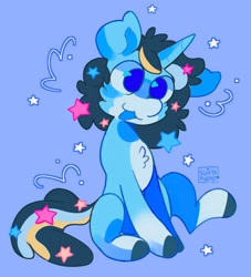 Size: 1856x2048 | Tagged: safe, artist:swirlseypop, imported from derpibooru, oc, oc only, pony, unicorn, blue background, commission, horn, no pupils, raised leg, simple background, sitting, solo, stars, tongue out, unicorn oc