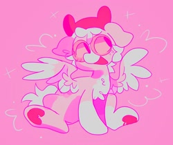 Size: 2048x1724 | Tagged: safe, artist:swirlseypop, imported from derpibooru, oc, oc only, pegasus, pony, commission, glasses, heart, hoof heart, open mouth, pink background, simple background, solo, soon, spread wings, underhoof, wings