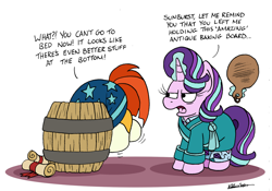Size: 1024x717 | Tagged: safe, artist:bobthedalek, imported from derpibooru, starlight glimmer, sunburst, pony, unicorn, atg 2022, barrel, bathrobe, clothes, coat markings, female, imminent spanking, implied spanking, male, mare, newbie artist training grounds, pajamas, robe, scroll, socks (coat markings), stallion, starlight glimmer is not amused, that pony sure does love antiques, this will end in spanking, tired, unamused
