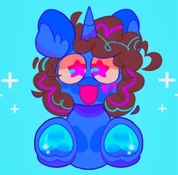 Size: 2048x2014 | Tagged: safe, artist:swirlseypop, imported from derpibooru, oc, oc only, pony, unicorn, blue background, commission, horn, looking at you, open mouth, open smile, simple background, smiling, smiling at you, solo, starry eyes, underhoof, unicorn oc, wingding eyes, ych result