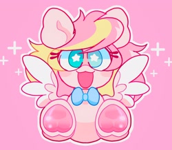 Size: 2048x1784 | Tagged: safe, artist:swirlseypop, imported from derpibooru, oc, oc only, oc:ninny, pegasus, pony, commission, looking at you, open mouth, open smile, pegasus oc, pink background, simple background, smiling, smiling at you, solo, spread wings, starry eyes, underhoof, wingding eyes, wings, ych result