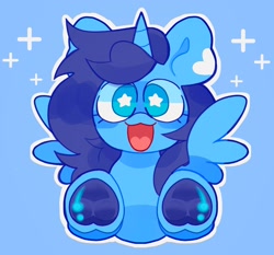 Size: 2048x1910 | Tagged: safe, artist:swirlseypop, imported from derpibooru, oc, oc only, alicorn, pony, alicorn oc, blue background, commission, horn, looking at you, open mouth, open smile, simple background, smiling, smiling at you, solo, spread wings, starry eyes, underhoof, wingding eyes, wings, ych result