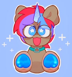 Size: 1926x2048 | Tagged: safe, artist:swirlseypop, imported from derpibooru, oc, oc only, pony, unicorn, blue background, commission, glasses, horn, looking at you, open mouth, open smile, simple background, smiling, smiling at you, solo, starry eyes, underhoof, unicorn oc, wingding eyes, ych result