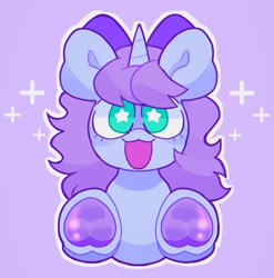 Size: 2024x2048 | Tagged: safe, artist:swirlseypop, imported from derpibooru, oc, oc only, pony, unicorn, bow, commission, hair bow, horn, looking at you, open mouth, open smile, purple background, simple background, smiling, smiling at you, solo, starry eyes, underhoof, unicorn oc, wingding eyes, ych result