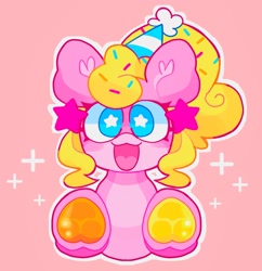 Size: 1984x2048 | Tagged: safe, artist:swirlseypop, imported from derpibooru, oc, oc only, earth pony, pony, commission, earth pony oc, hat, looking at you, open mouth, open smile, party hat, pink background, simple background, smiling, smiling at you, solo, starry eyes, stars, underhoof, wingding eyes, ych result