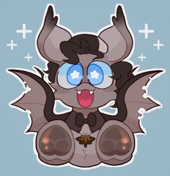 Size: 1982x2048 | Tagged: safe, artist:swirlseypop, imported from derpibooru, oc, oc only, bat pony, pony, bat pony oc, bat wings, bowtie, commission, looking at you, open mouth, open smile, simple background, smiling, smiling at you, solo, spread wings, starry eyes, underhoof, wingding eyes, wings, ych result