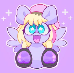 Size: 2048x2020 | Tagged: safe, artist:swirlseypop, imported from derpibooru, oc, oc only, pegasus, pony, commission, looking at you, open mouth, open smile, pegasus oc, purple background, simple background, smiling, smiling at you, solo, spread wings, starry eyes, underhoof, wingding eyes, wings, ych result