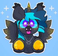 Size: 2048x1954 | Tagged: safe, artist:swirlseypop, imported from derpibooru, oc, oc only, alicorn, pony, alicorn oc, blue background, commission, horn, looking at you, open mouth, open smile, simple background, smiling, smiling at you, solo, spread wings, starry eyes, underhoof, wingding eyes, wings, ych result