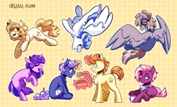 Size: 2048x1242 | Tagged: safe, artist:lrusu, imported from derpibooru, amethyst star, dust devil, golden crust, jasmine leaf, lightning bolt, sparkler, sweet biscuit, white lightning, earth pony, pegasus, pony, unicorn, blushing, flying, food, friendship student, gay, goldensnack, happy, male, midnight snack (g4), shipping, smiling, tea