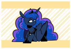 Size: 2048x1423 | Tagged: safe, artist:lrusu, imported from derpibooru, princess luna, alicorn, pony, horn, lidded eyes, looking at you, smiling, smiling at you, solo