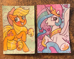 Size: 600x476 | Tagged: safe, artist:marybellamy, imported from derpibooru, applejack, princess celestia, commission, san diego comic con, smiling, traditional art, watercolor painting