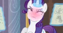 Size: 1995x1062 | Tagged: safe, imported from derpibooru, screencap, rarity, pony, unicorn, sweet and elite, blushing, glowing, glowing horn, holding breath, horn, lidded eyes, magic, paper, puffy cheeks, solo, telekinesis