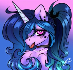 Size: 4096x3904 | Tagged: safe, artist:opalacorn, imported from derpibooru, izzy moonbow, pony, unicorn, bust, chest fluff, choker, ear piercing, g5, goth, goth izzy, piercing, solo, tongue out, tongue piercing