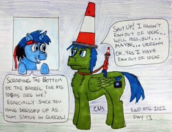 Size: 3518x2711 | Tagged: safe, artist:rapidsnap, imported from derpibooru, oc, oc only, oc:metaphor, oc:rapidsnap, pony, atg 2022, chest fluff, dialogue, duo, male, newbie artist training grounds, speech bubble, traditional art, traffic cone