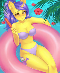 Size: 1053x1280 | Tagged: safe, artist:winnigrette, imported from derpibooru, oc, oc only, anthro, unicorn, belly button, blushing, breasts, commission, detailed background, digital art, female, floating, food, holding, horn, looking at you, ocean, palm tree, popsicle, relaxing, solo, spread wings, thighs, tree, unicorn oc, water, wide hips, wings, ych result