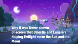 Size: 1280x720 | Tagged: safe, edit, edited screencap, imported from derpibooru, screencap, princess celestia, princess luna, alicorn, pony, between dark and dawn, canterlot, canterlot castle, castle, female, flying, mare, moon, night, sun, tree