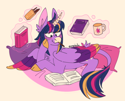 Size: 1280x1040 | Tagged: safe, artist:ponydoodles, imported from twibooru, twilight sparkle, alicorn, pony, alternate design, book, colored ears, colored hooves, colored wings, facial markings, female, image, leonine tail, levitation, lying down, magic, magic aura, mare, mug, multicolored wings, open book, pillow, png, reading, simple background, solo, telekinesis, twilight sparkle (alicorn), twitterina design, wings