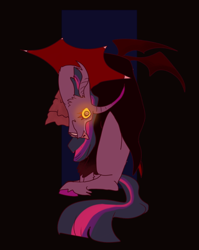 Size: 500x629 | Tagged: safe, artist:ponydoodles, imported from twibooru, twilight sparkle, bat pony, pony, vampire, vampire bat pony, bat ponified, black background, cape, clothes, colored hooves, curved horn, ear tufts, fangs, female, glowing eyes, horn, image, looking at you, mare, png, race swap, simple background, solo, unshorn fetlocks